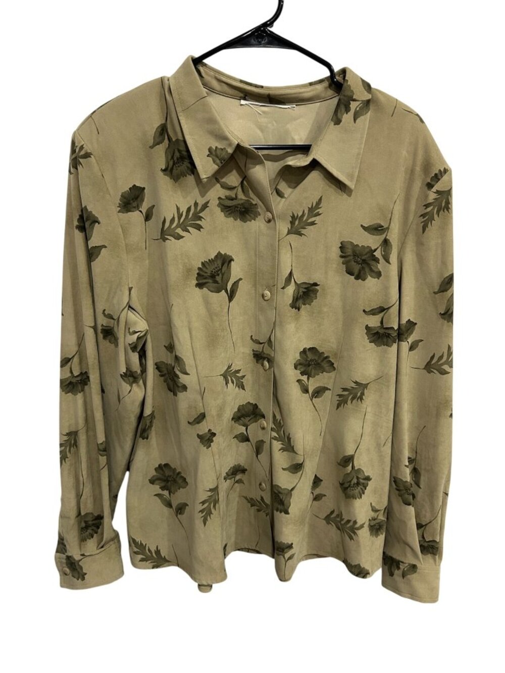 Floral Button Down Long Sleeve Beige Green Lightweight Shirt Size L Boho Retro